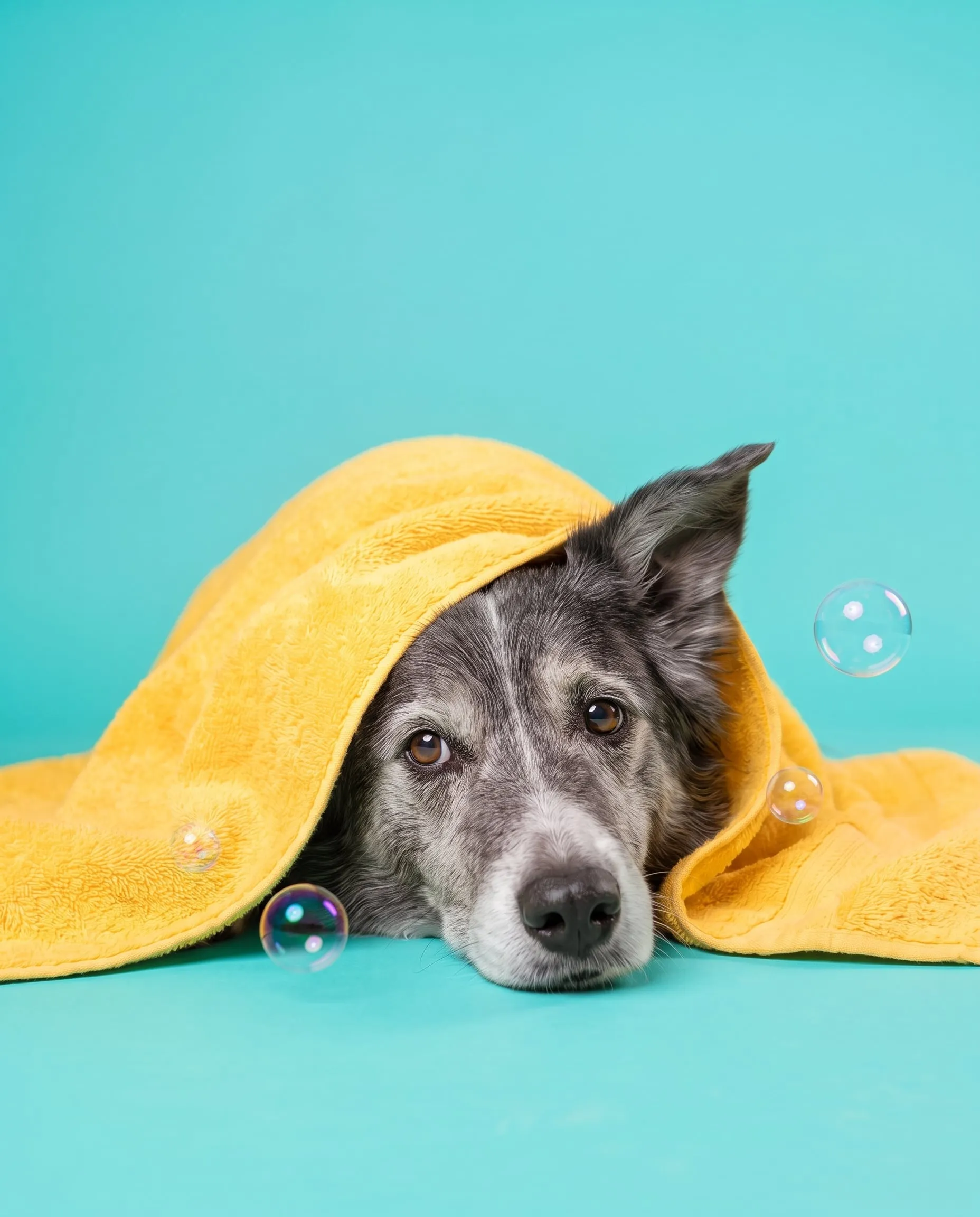 The same senior dog lying calmly under a yellow towel on an aqua backdrop
