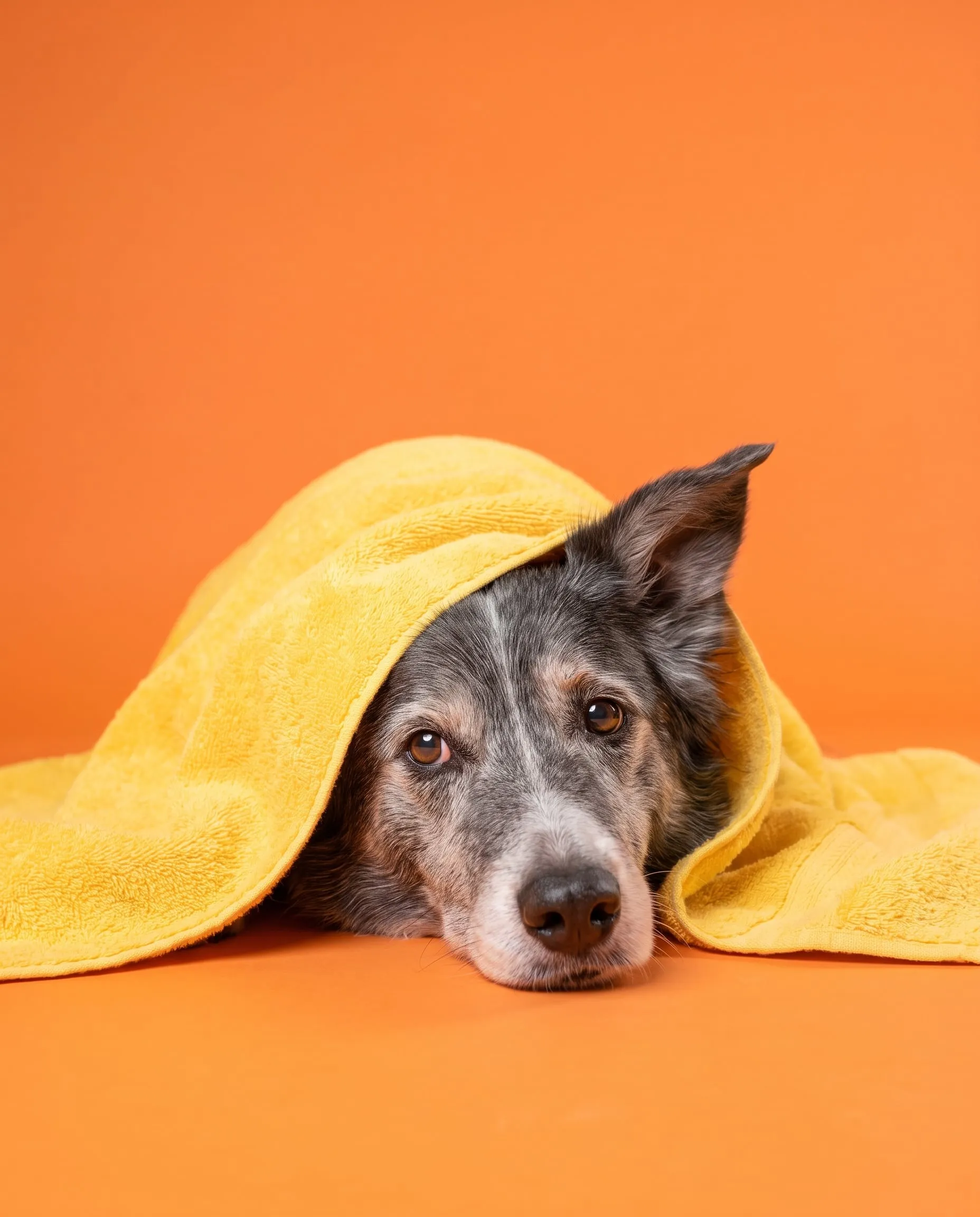 A shy senior border collie cross peeking out from under a yellow towel