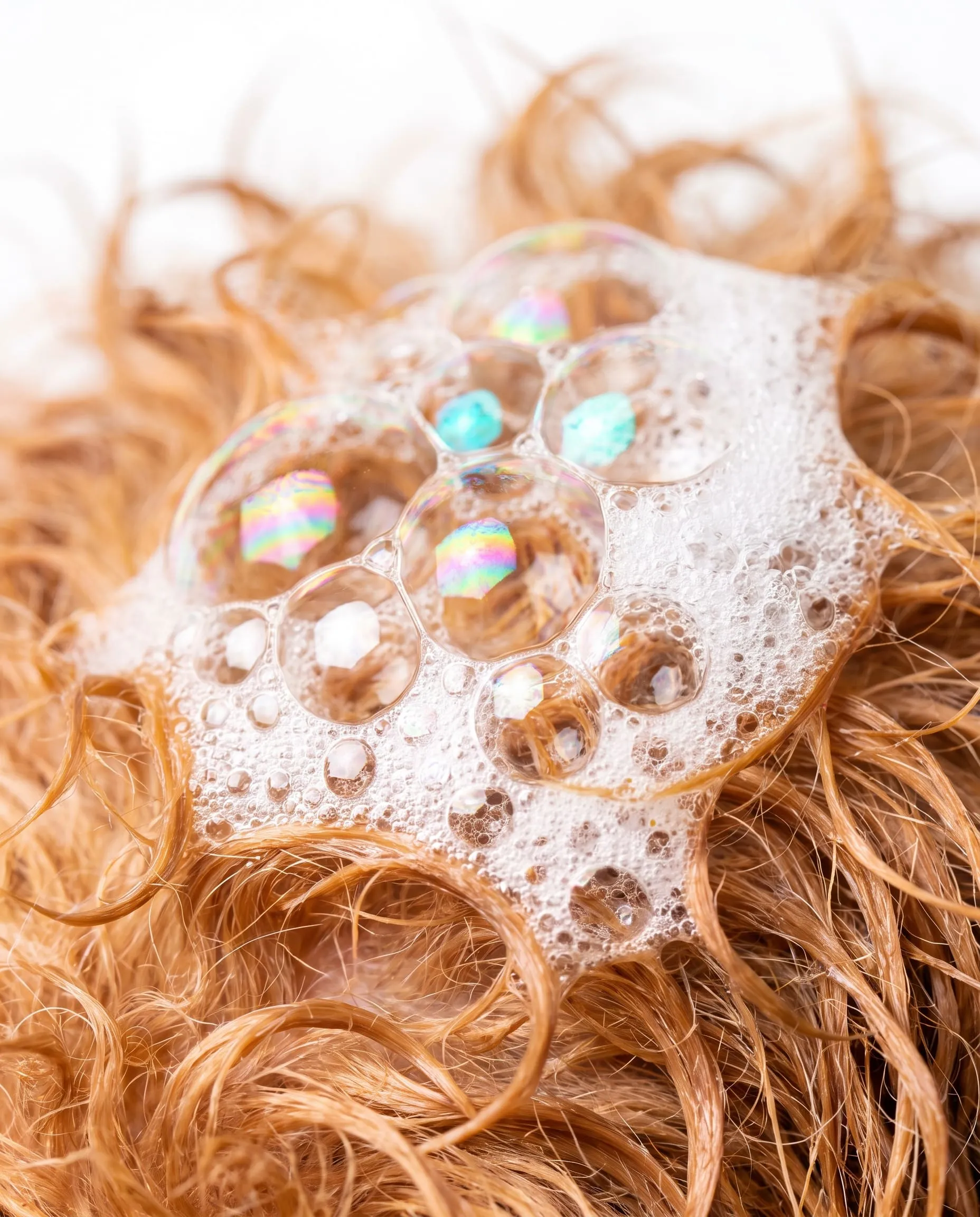 Soap bubbles in clean curly fur