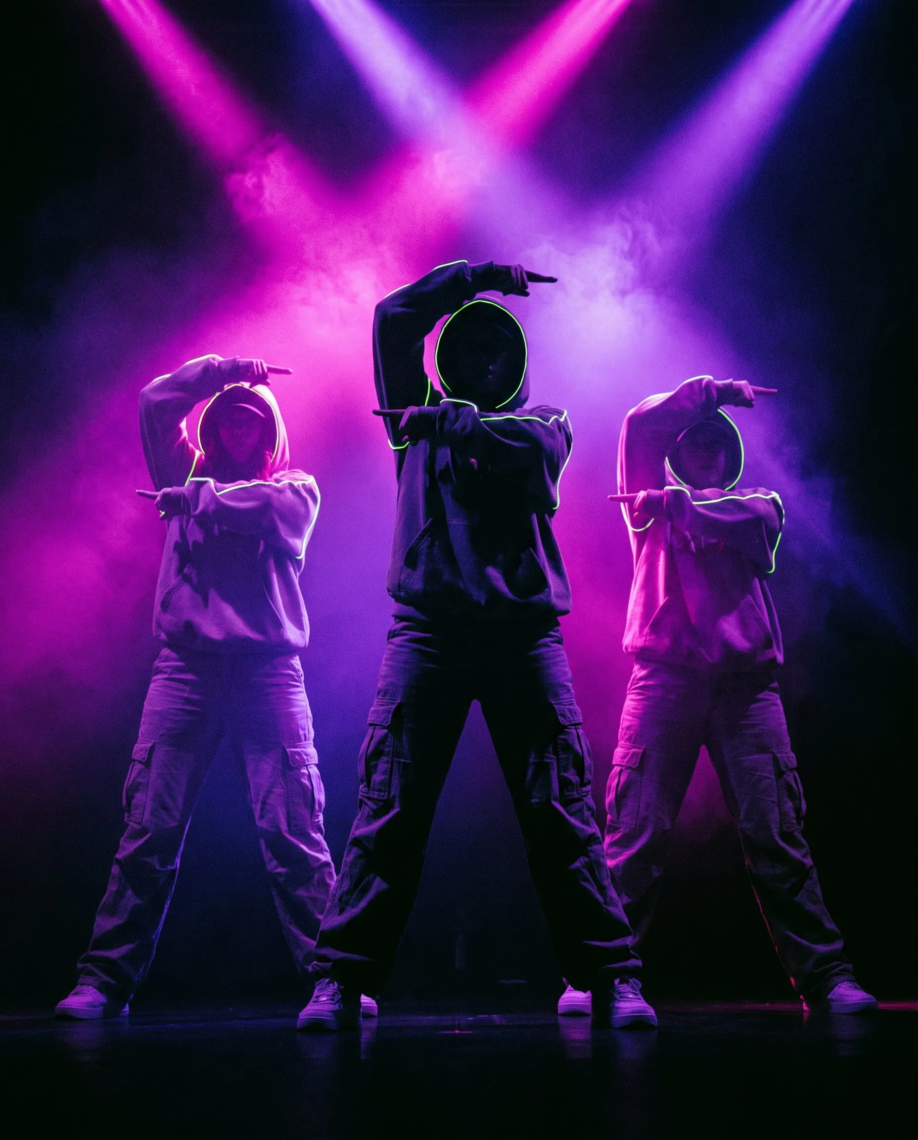 Three teen dancers in hoodies hitting the same sharp pose under magenta and violet beams