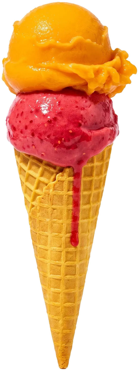 A waffle cone with a raspberry sorbet scoop and a mango sorbet scoop, a raspberry drip running down the cone