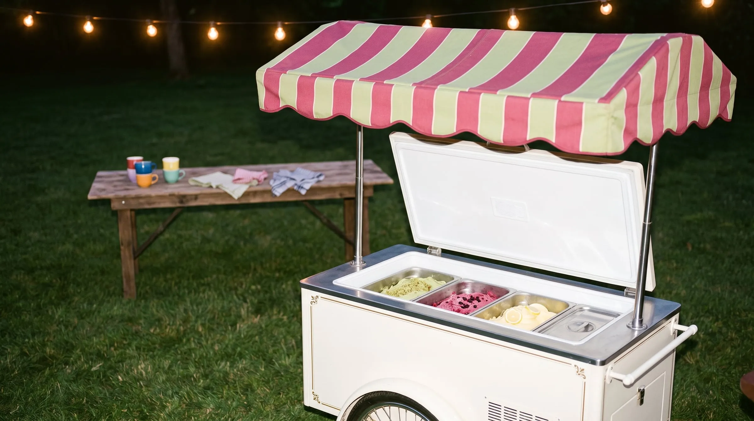 A gelato cart with a raspberry and pistachio striped canopy at a backyard party at dusk