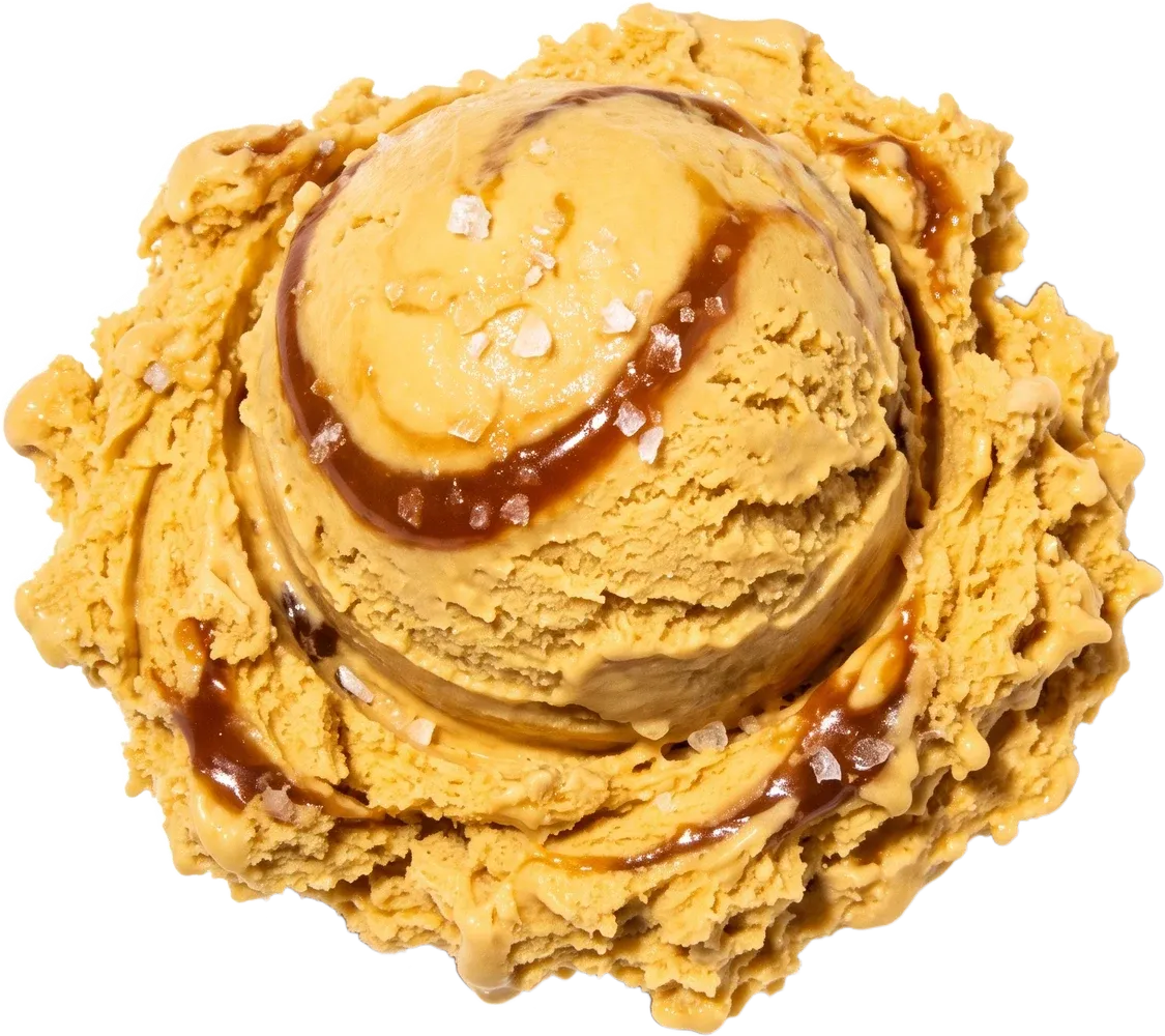 A scoop of salted caramel gelato with a caramel ribbon and flakes of sea salt