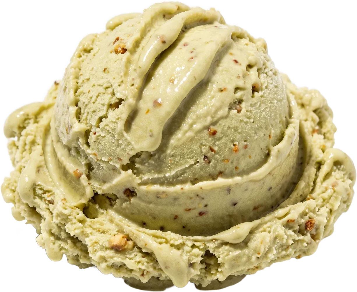 A generous scoop of pistachio gelato flecked with crushed pistachio