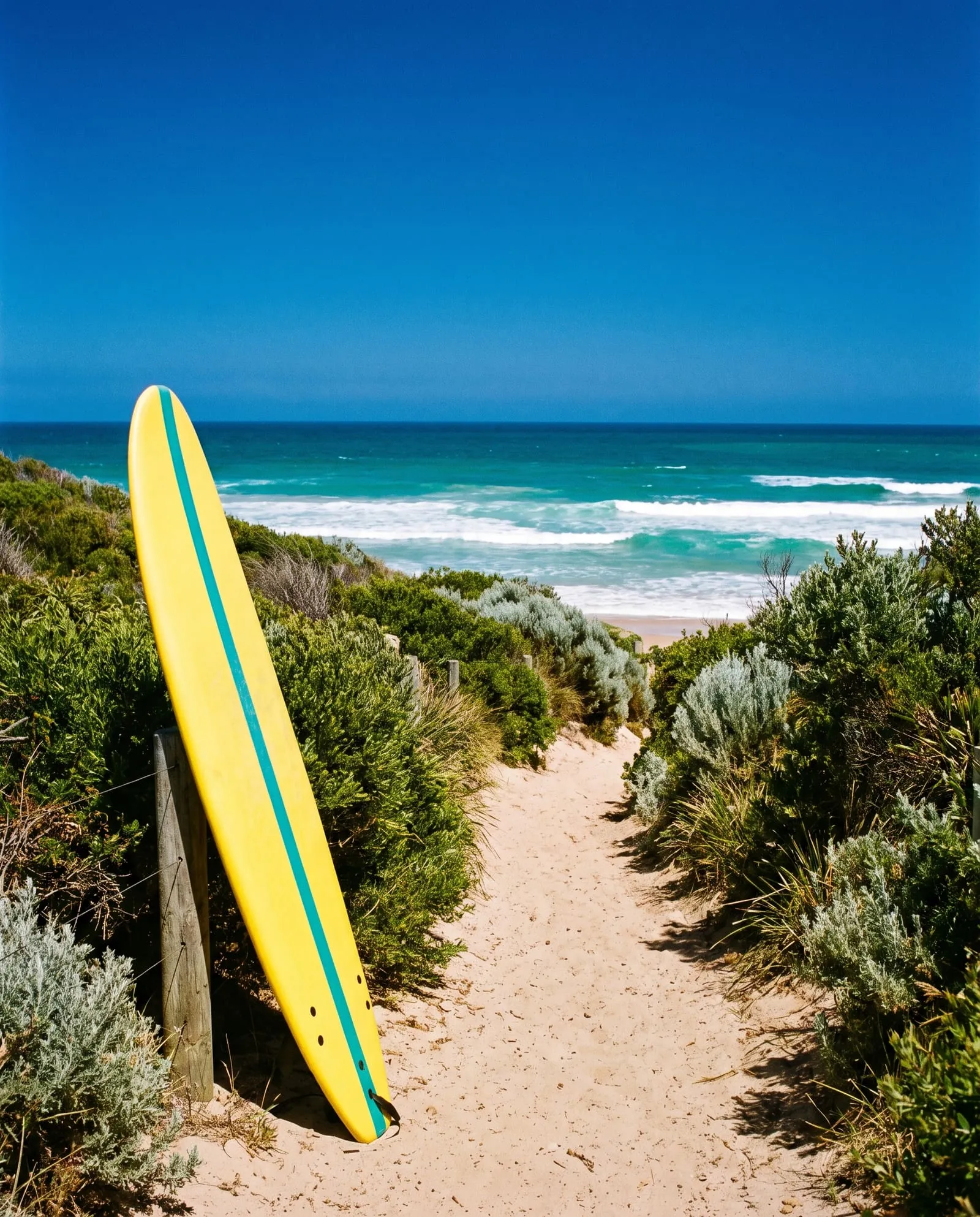A sandy track through green coastal scrub leads down to a turquoise sea, with a yellow soft-top leaning on a post.