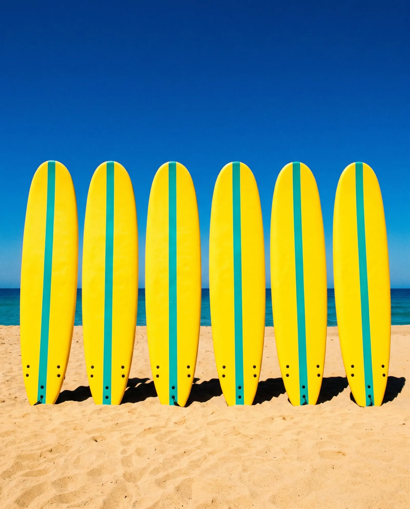 Six yellow soft-tops with teal stripes standing in a line in the sand against a cobalt sky.