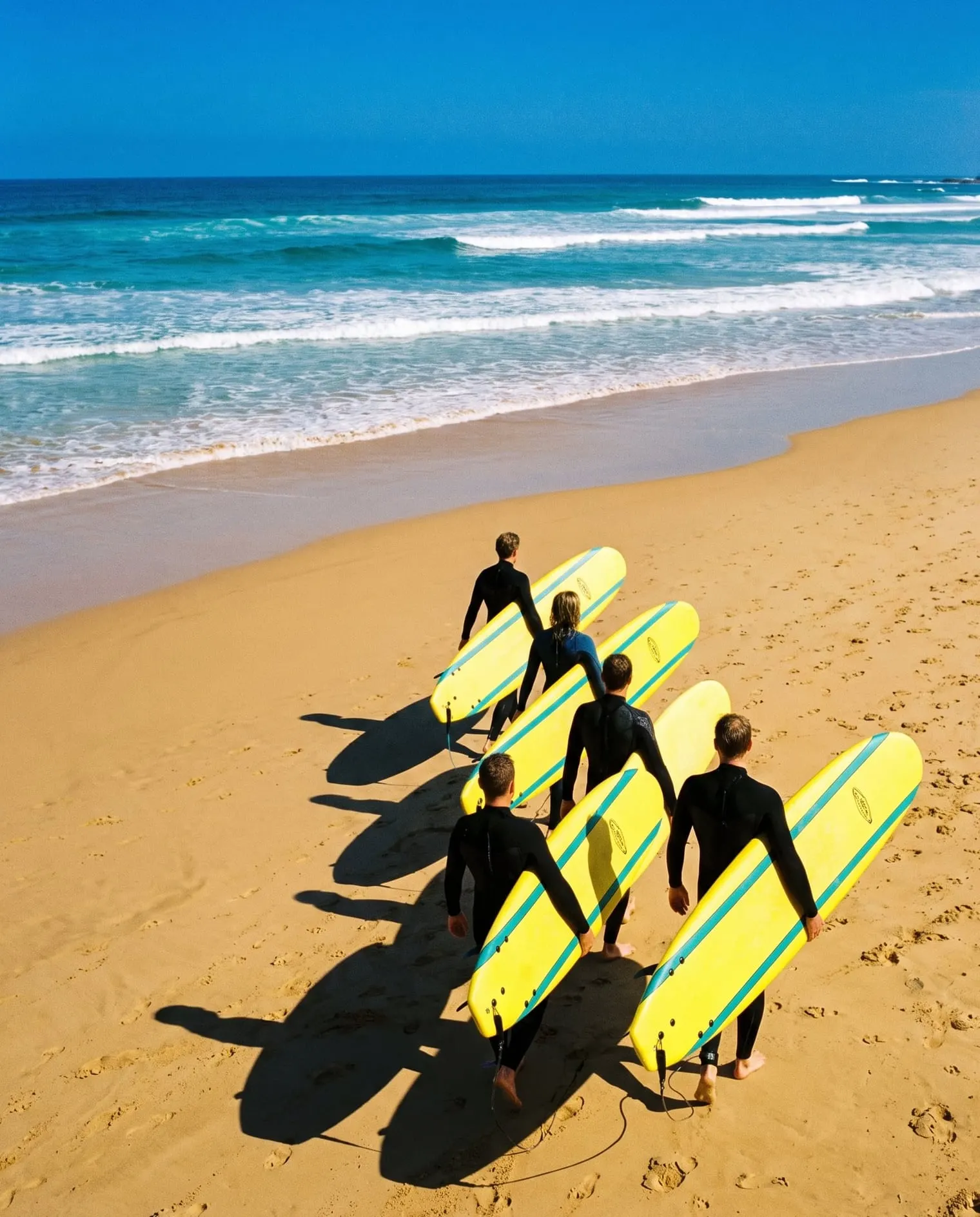 From behind, five learners in wetsuits walk down the sand toward the waves, each carrying a yellow soft-top.