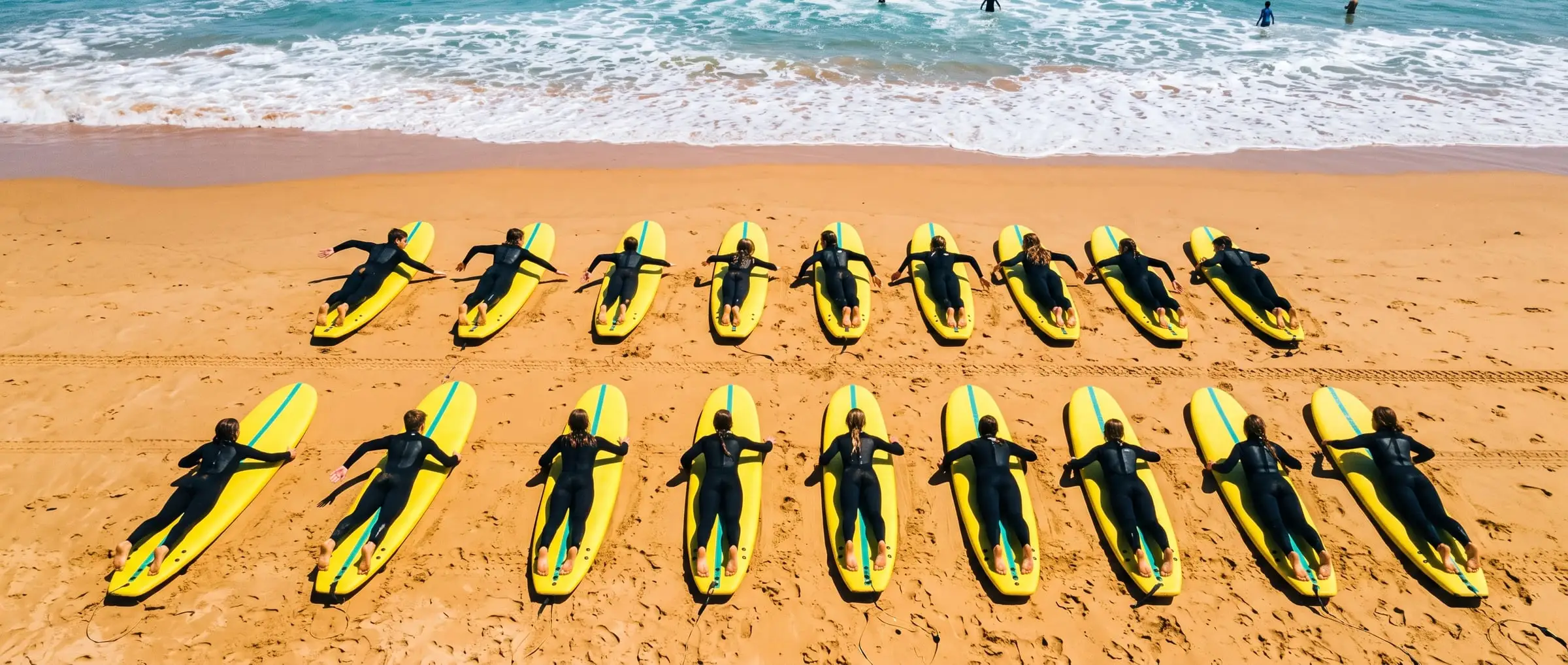 From above, two rows of yellow soft-tops on the sand below the whitewater, with teenagers in wetsuits lying on them practising their paddling.