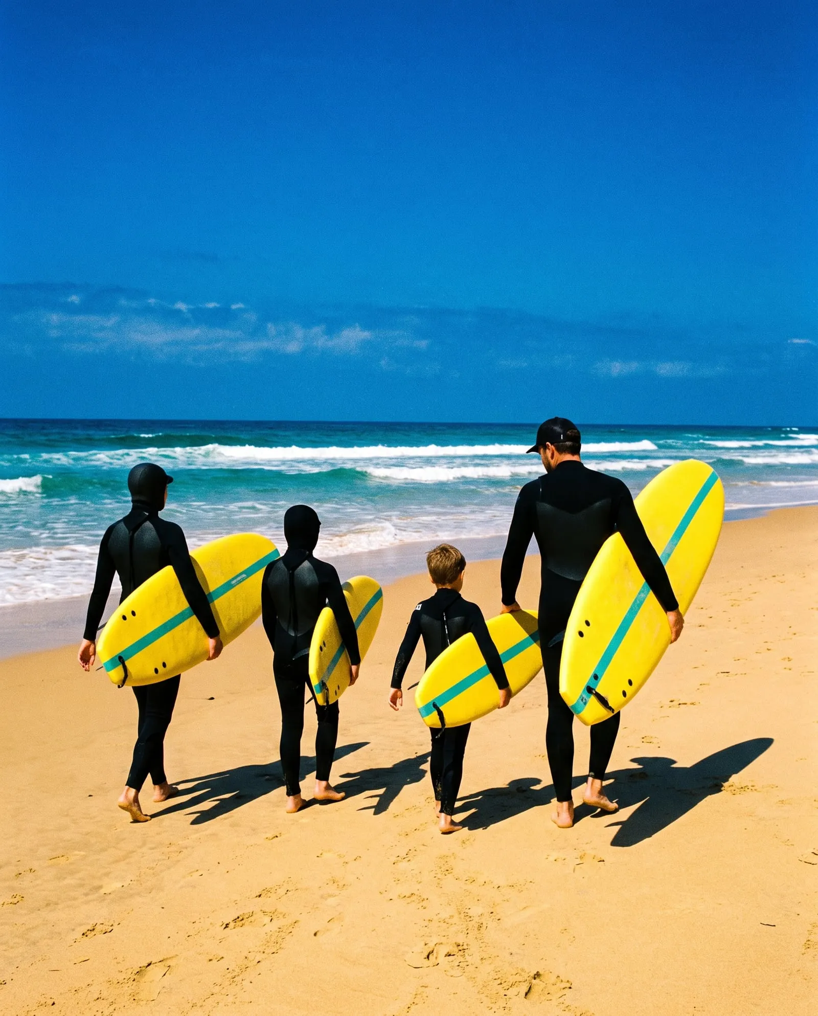A family of four in wetsuits walks down the sand toward small waves, each carrying a yellow soft-top.