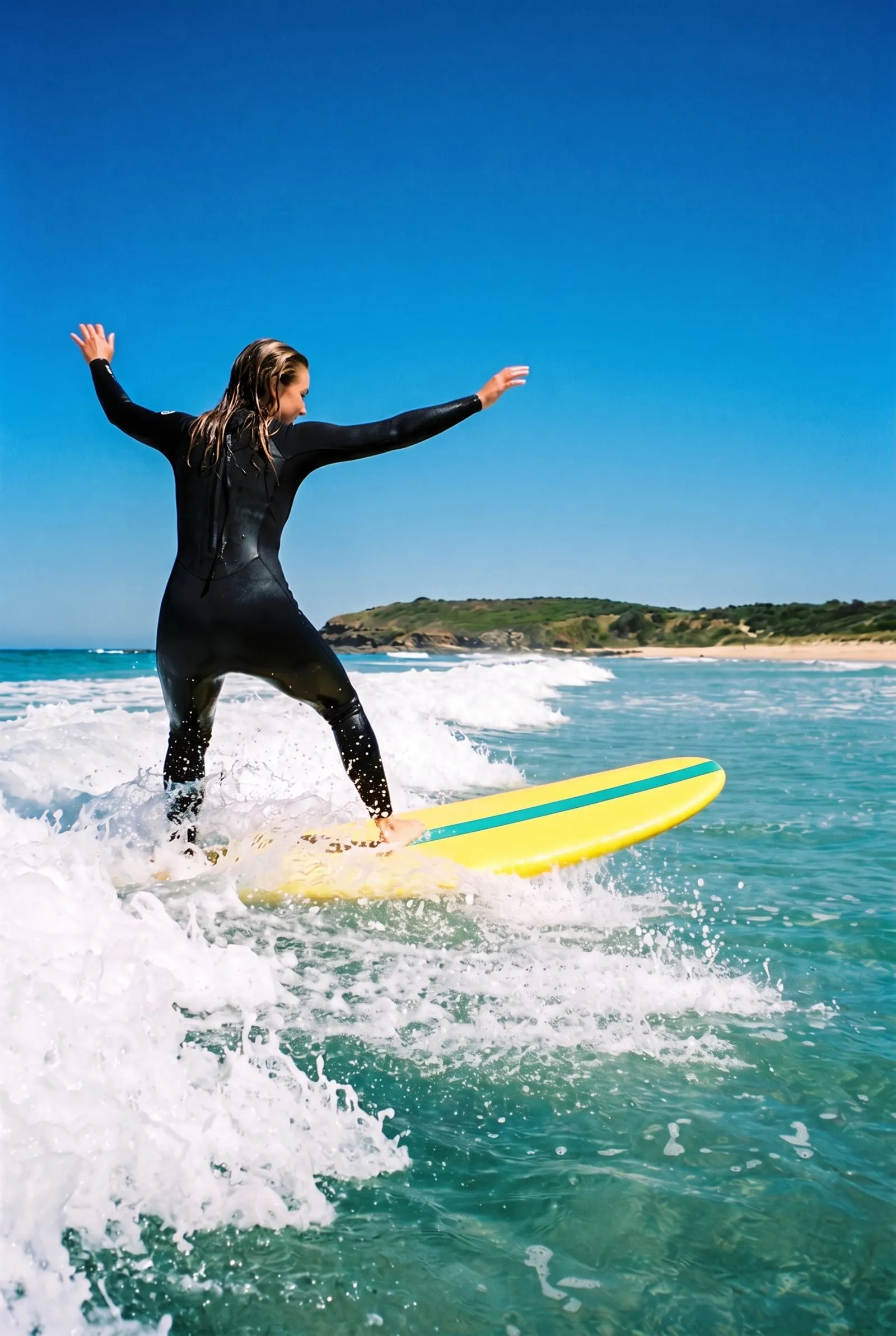 Seen from behind, a beginner in a black wetsuit rides whitewater on a yellow soft-top with a teal stripe, arms flung wide.