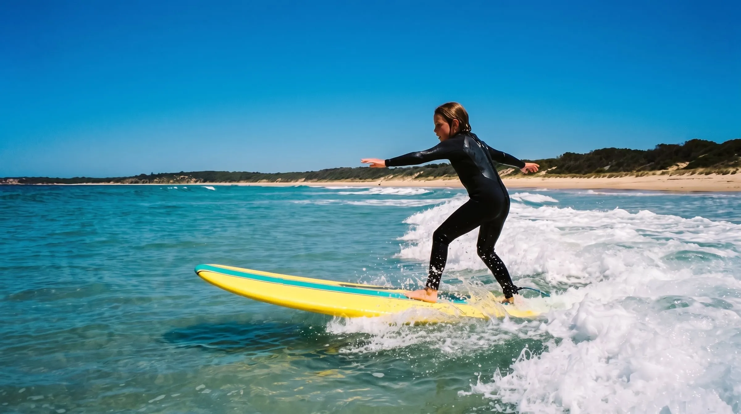 Side-on, a kid in a black wetsuit rides small whitewater on a yellow soft-top, arms out for balance.