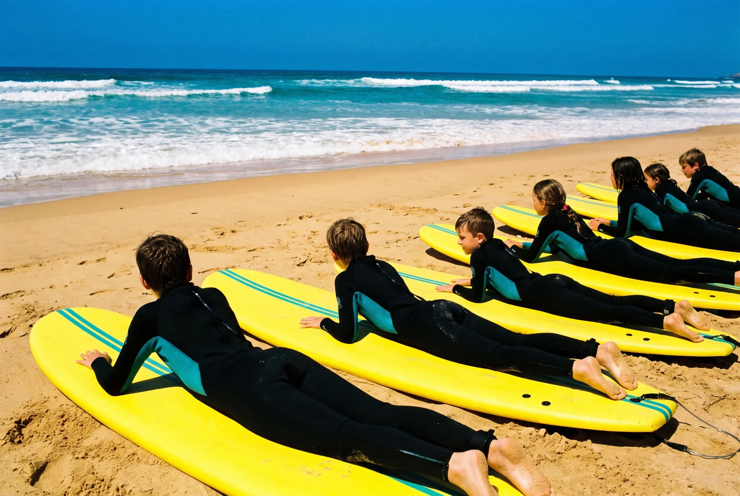 From behind, a row of kids in wetsuits lie on yellow soft-tops on the sand, practising their paddling and looking out to sea.