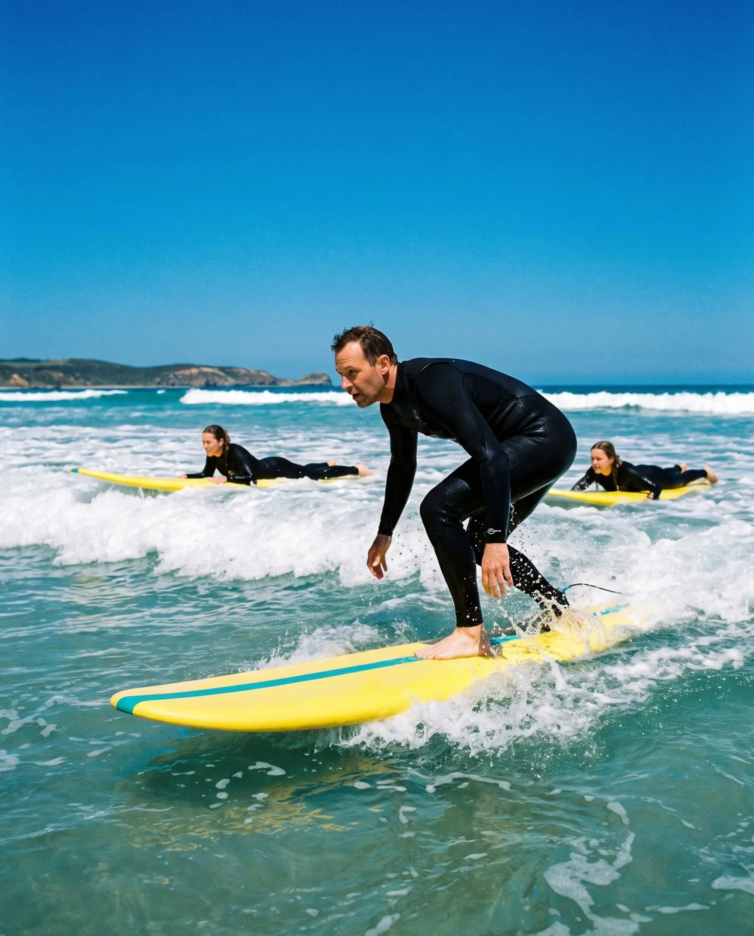 A beginner pops up on a yellow soft-top in waist-deep whitewater while two others wait on their boards behind him.