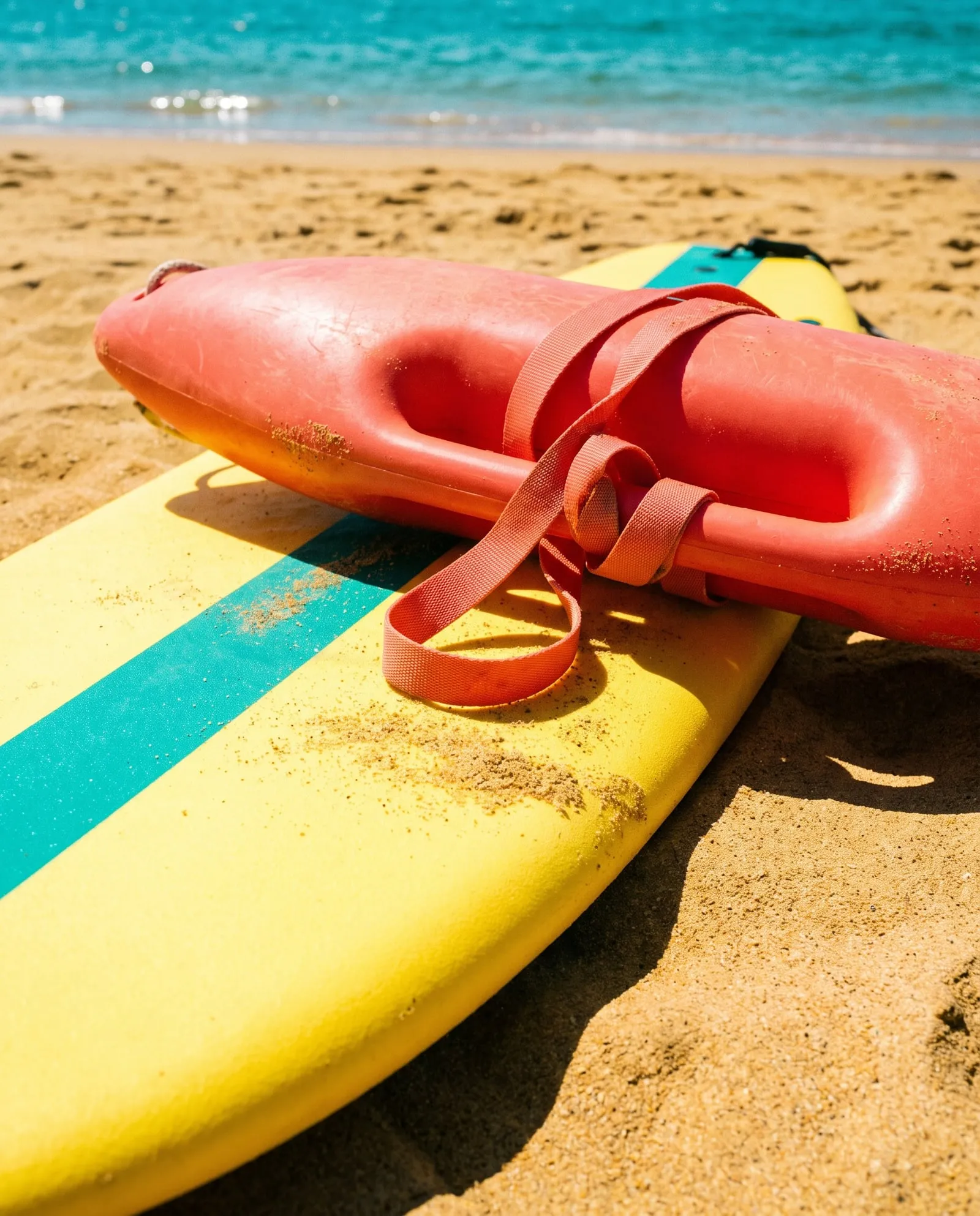 A coral rescue tube with its strap coiled, lying across a yellow soft-top on the sand.