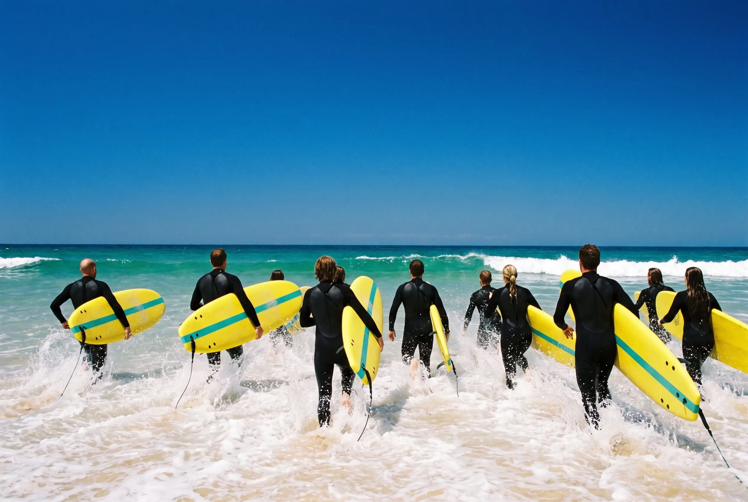 Seen from behind, a team in wetsuits runs into the whitewater carrying yellow soft-tops.