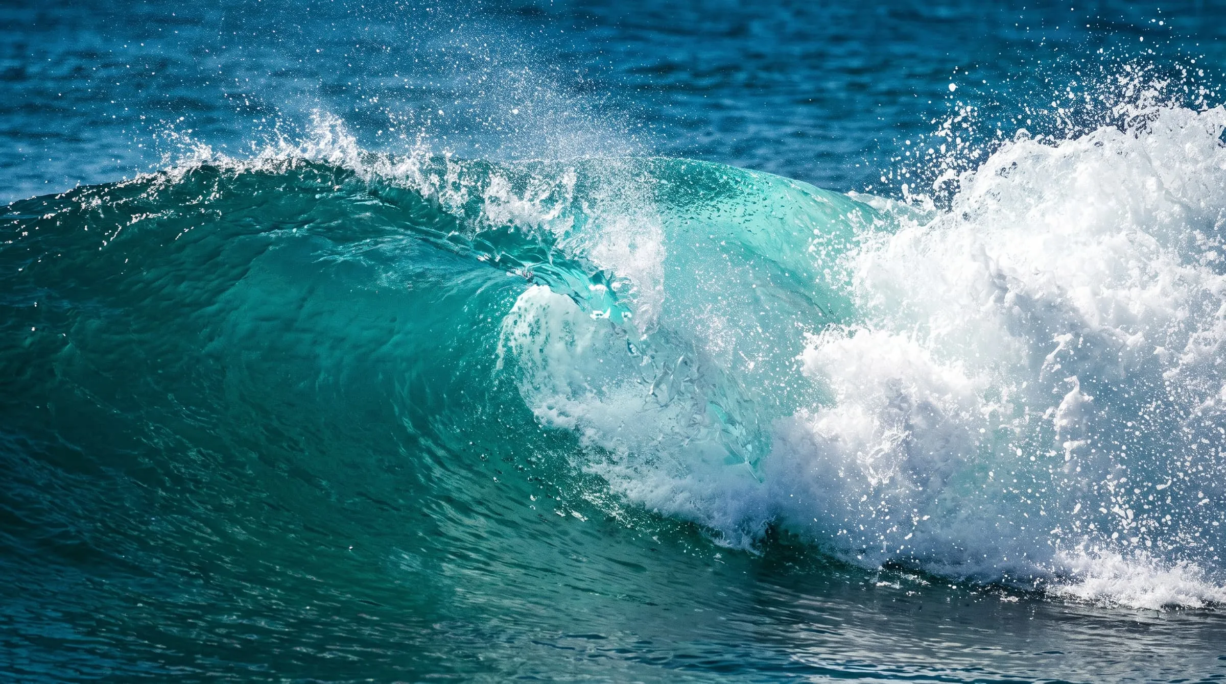 Sunlight glowing through a small turquoise wave as it curls and breaks into white foam.