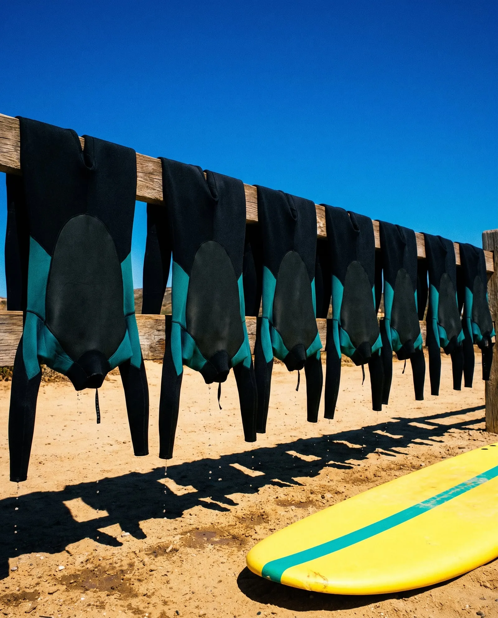 A row of plain black and teal wetsuits in different sizes hanging to dry on a timber rail under a blue sky.