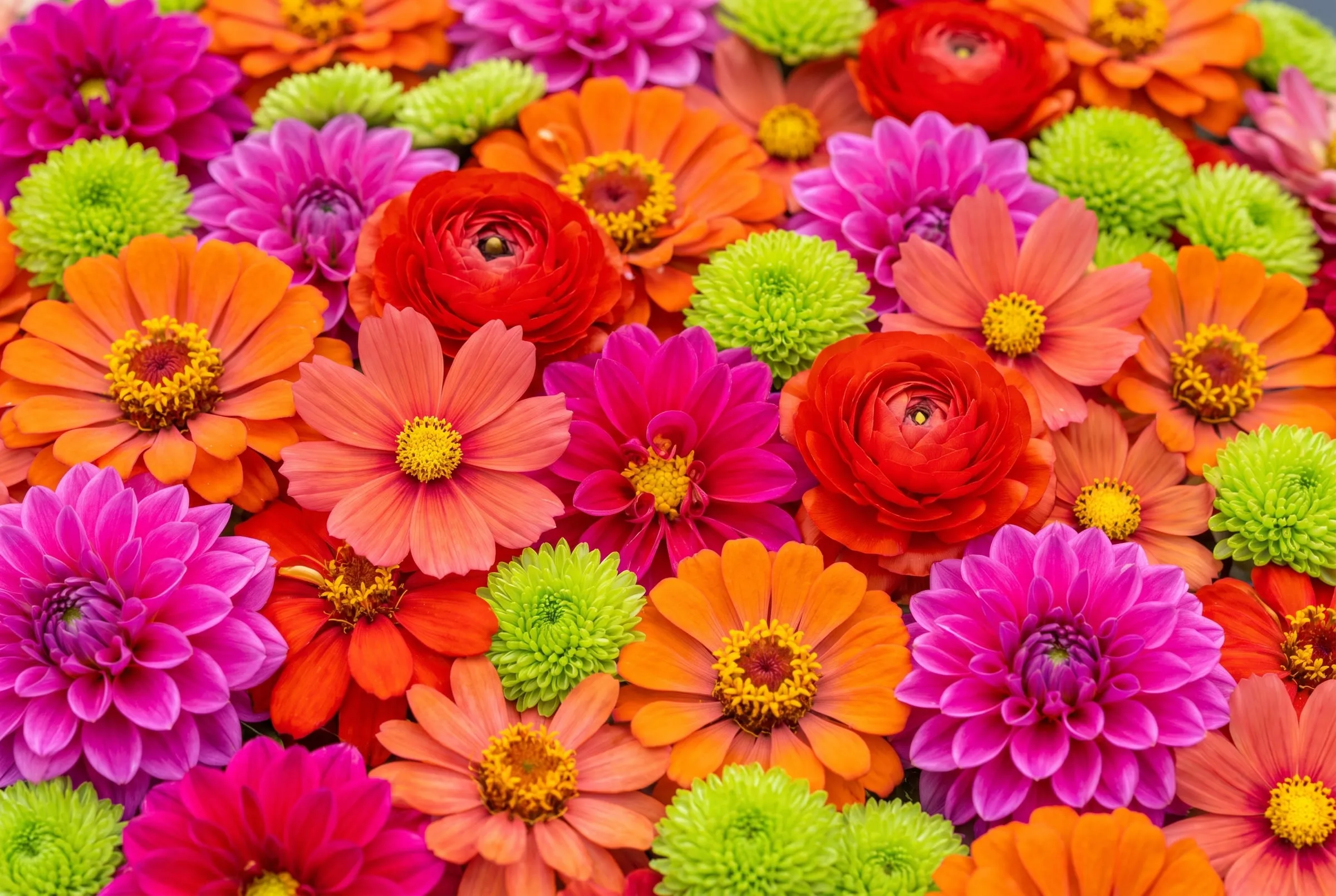 A dense mass of magenta dahlias, orange zinnias, scarlet ranunculus and lime green chrysanthemums