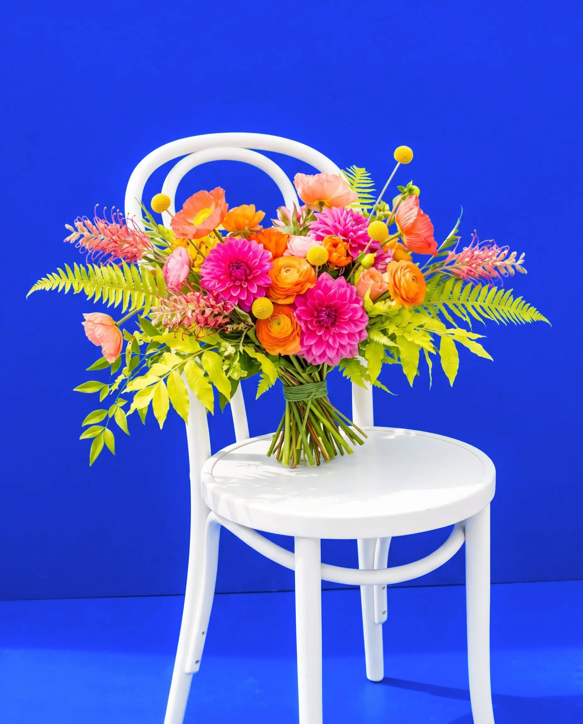 An oversized bouquet of dahlias, ranunculus and poppies resting on a white chair against a cobalt wall