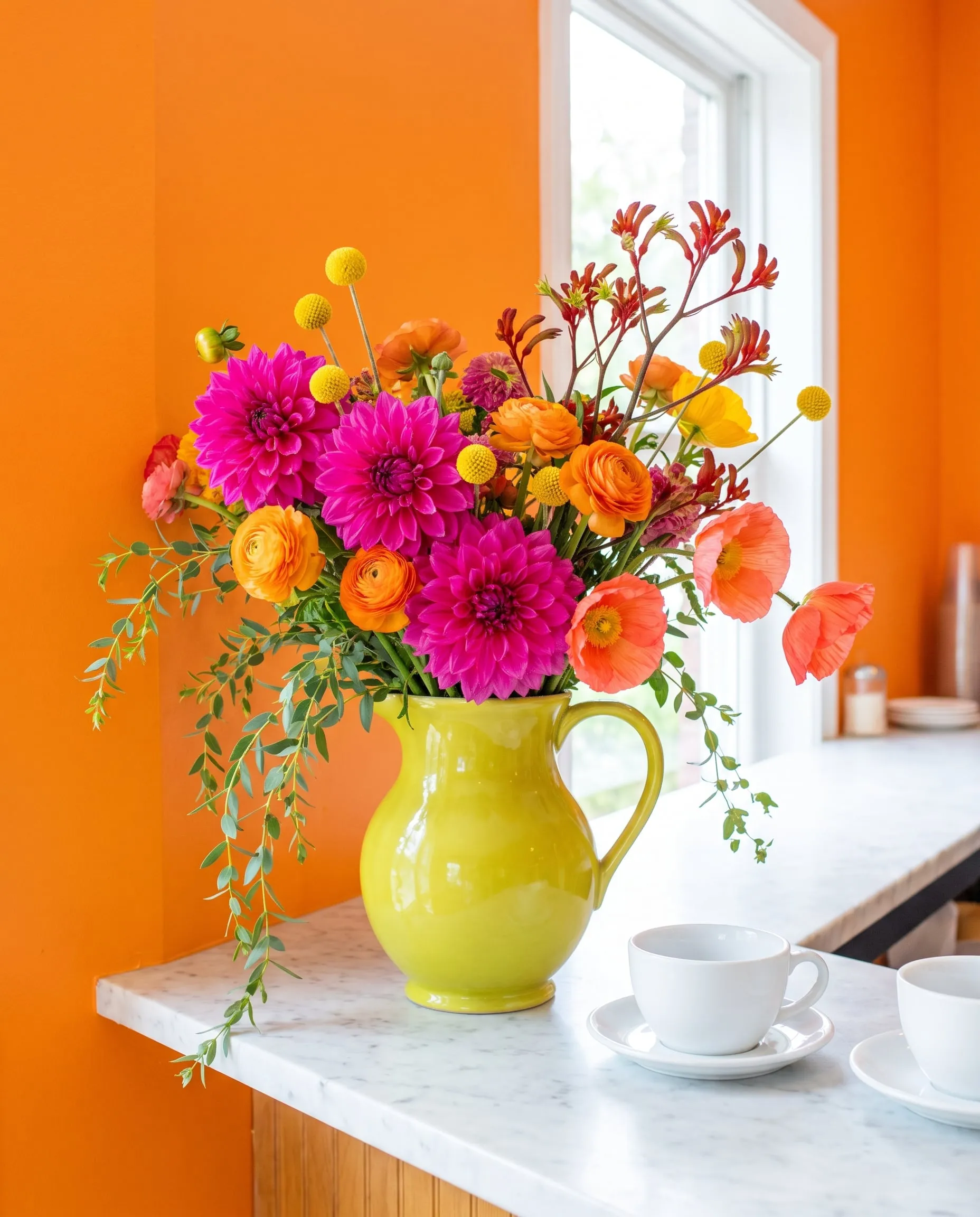 A big loose bunch of dahlias, ranunculus and billy buttons in a lime green jug on a cafe counter against an orange wall
