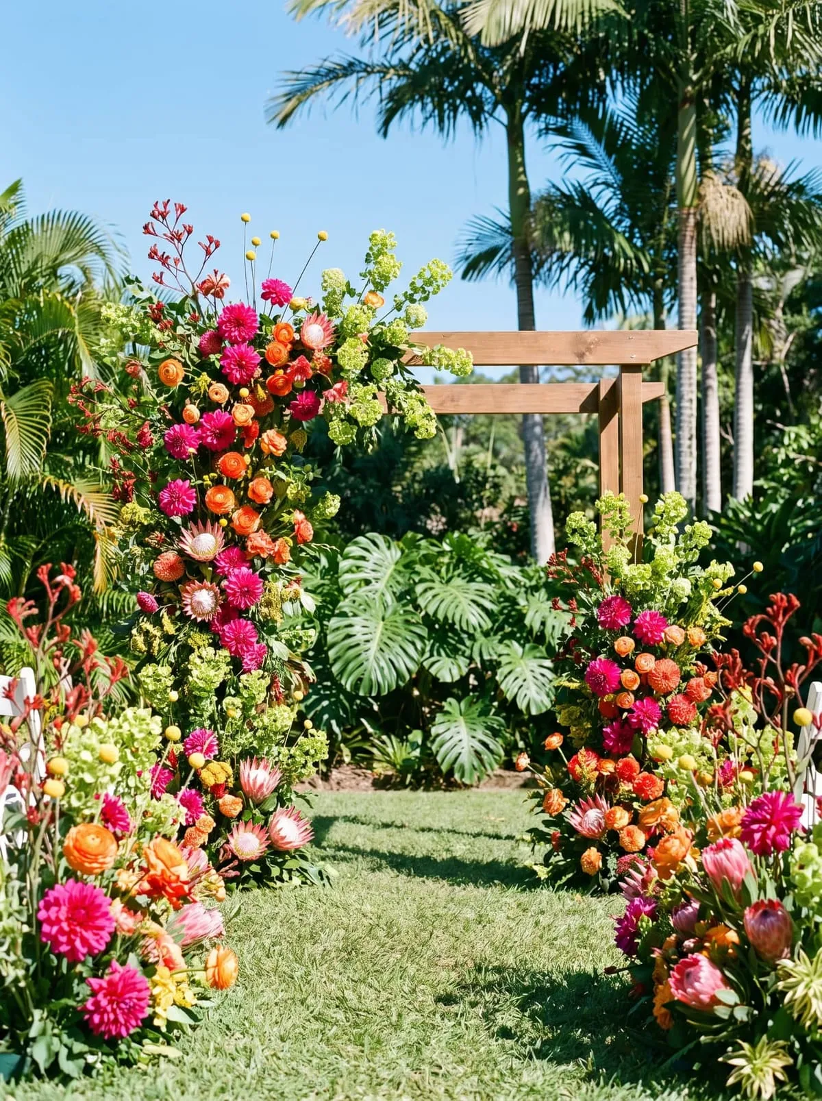 Tall, loose drifts of colourful flowers lining an empty garden aisle under palms and blue sky