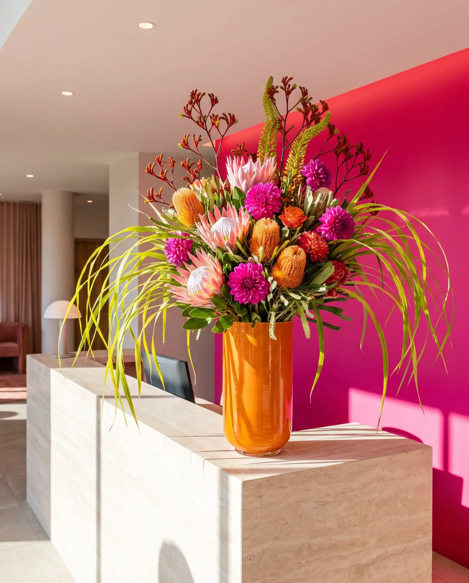 A tall arrangement of proteas, banksia and dahlias in an orange vase on a stone reception desk against a pink wall