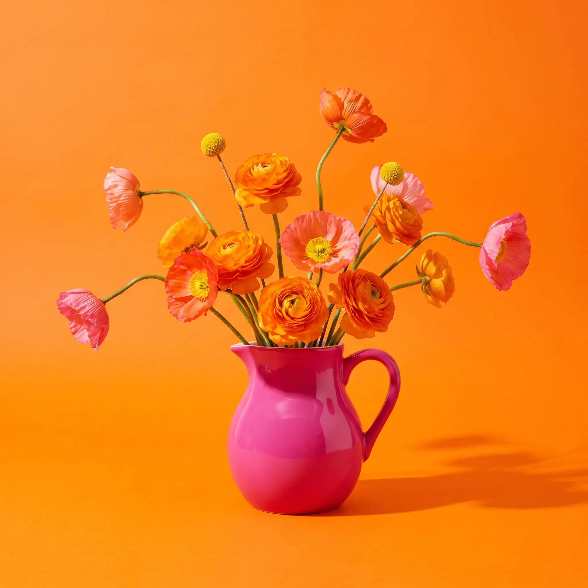 Orange ranunculus, coral poppies and billy buttons spilling from a hot pink jug on an orange backdrop