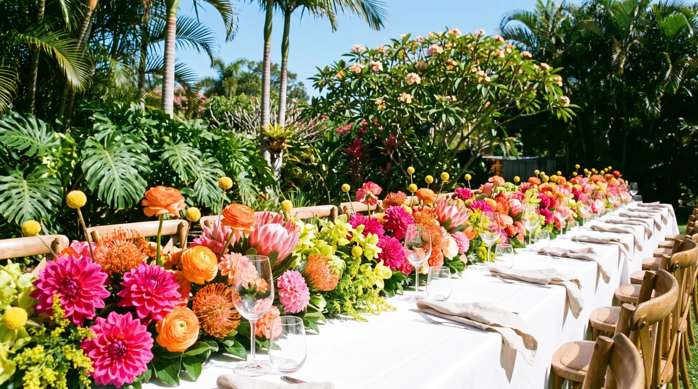 A long white reception table with low, overflowing flowers in pink, orange and lime in a tropical garden