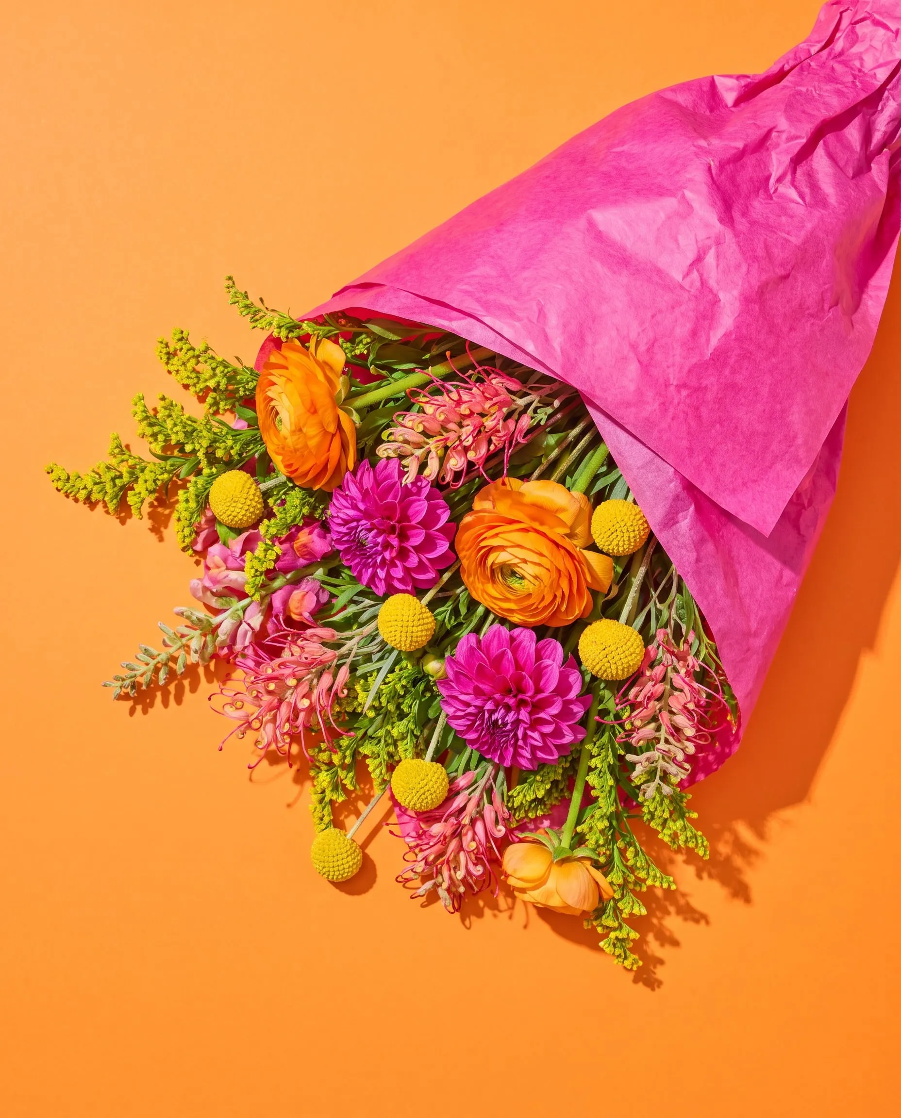 A loose bunch of ranunculus, dahlias and billy buttons wrapped in hot pink tissue on orange paper