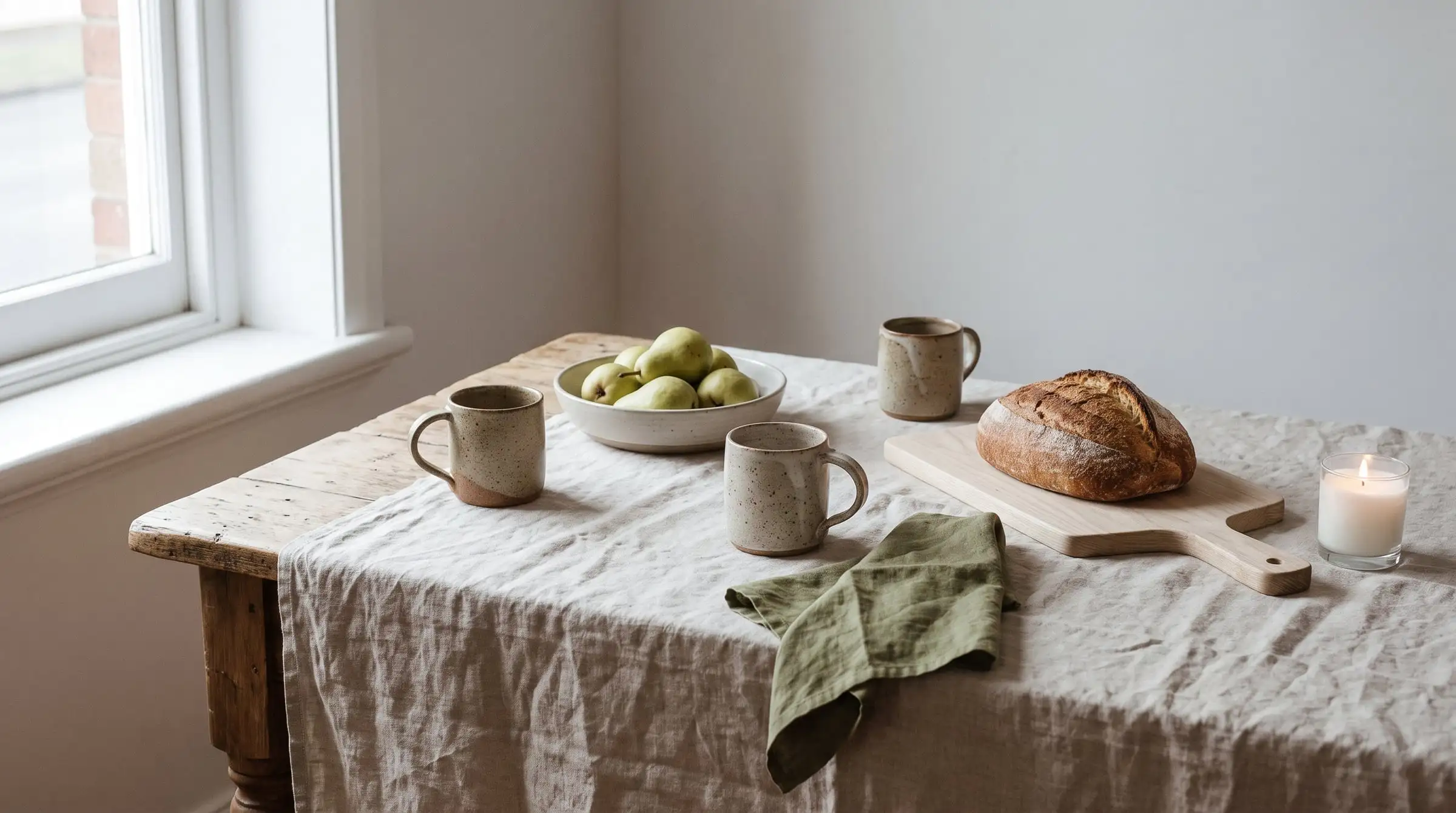 A breakfast table laid with a stonewashed linen cloth, speckled mugs, pears and sourdough