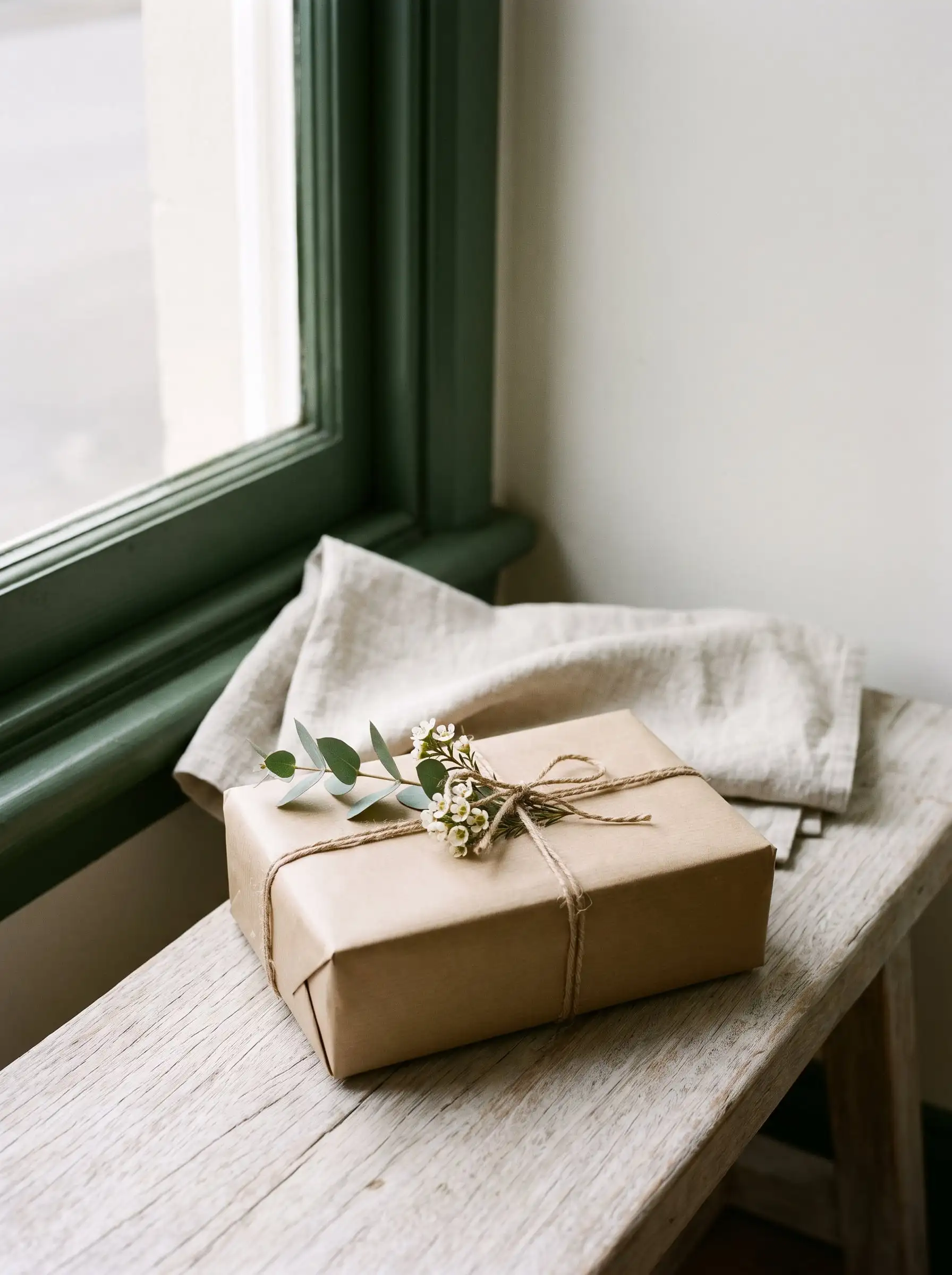 A brown paper parcel tied with twine and a sprig of eucalyptus and tea-tree, on a timber bench by a green window frame