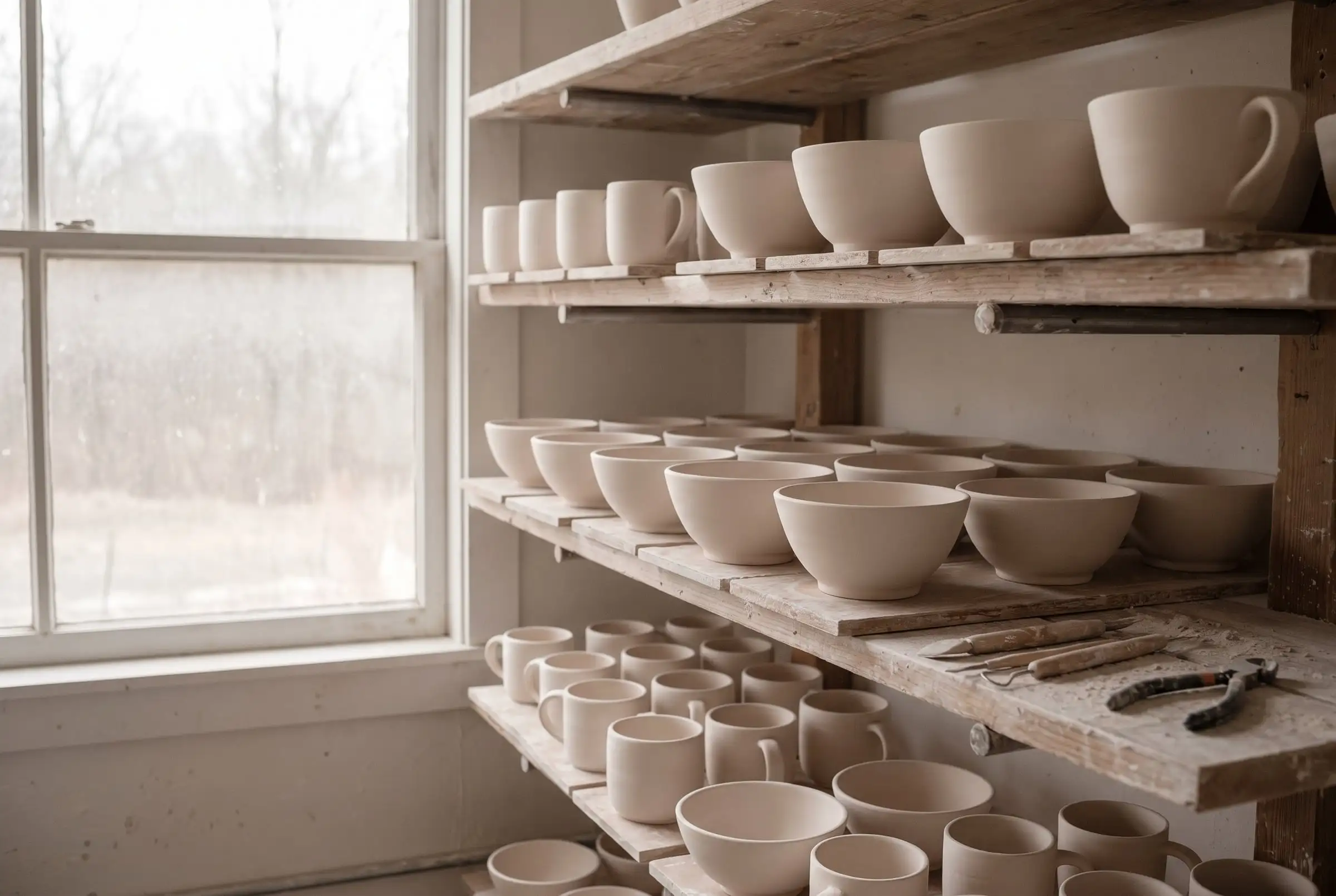 Freshly thrown unglazed bowls and mugs drying on timber shelves in a pottery studio