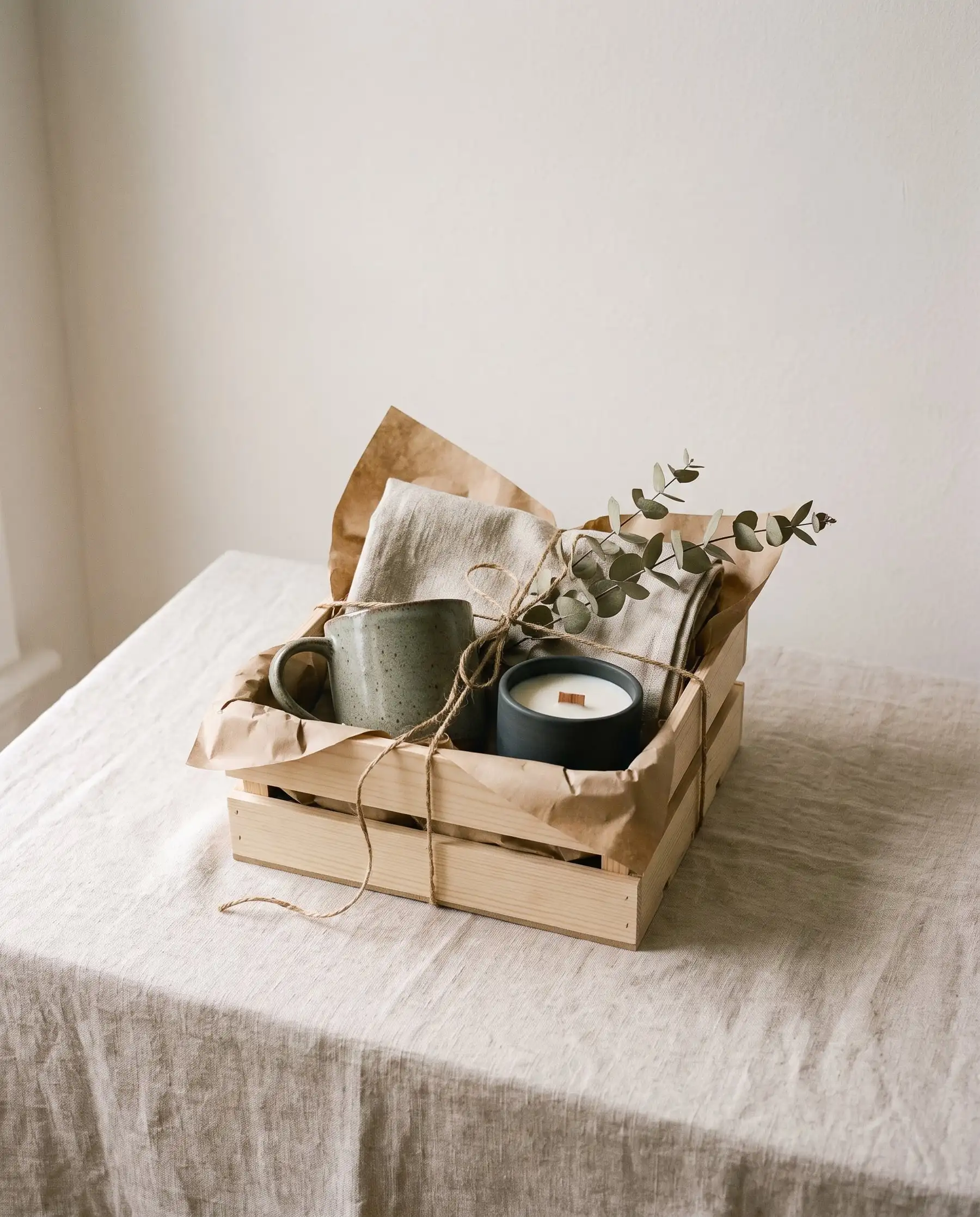 A gift box lined with kraft paper holding a mug, linen tea towel and candle