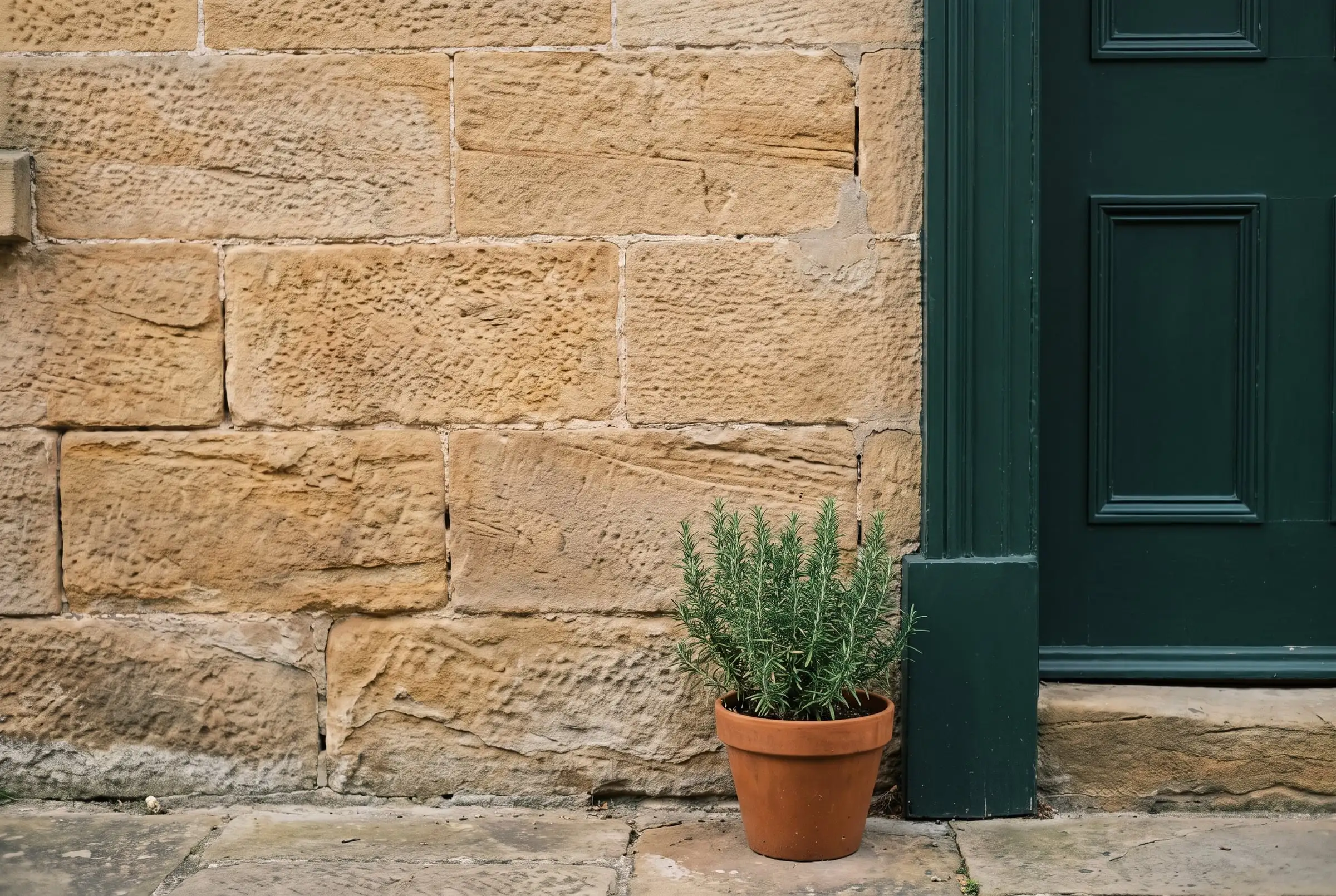 Honey-coloured sandstone wall beside a deep green painted door, with a pot of rosemary on the paving