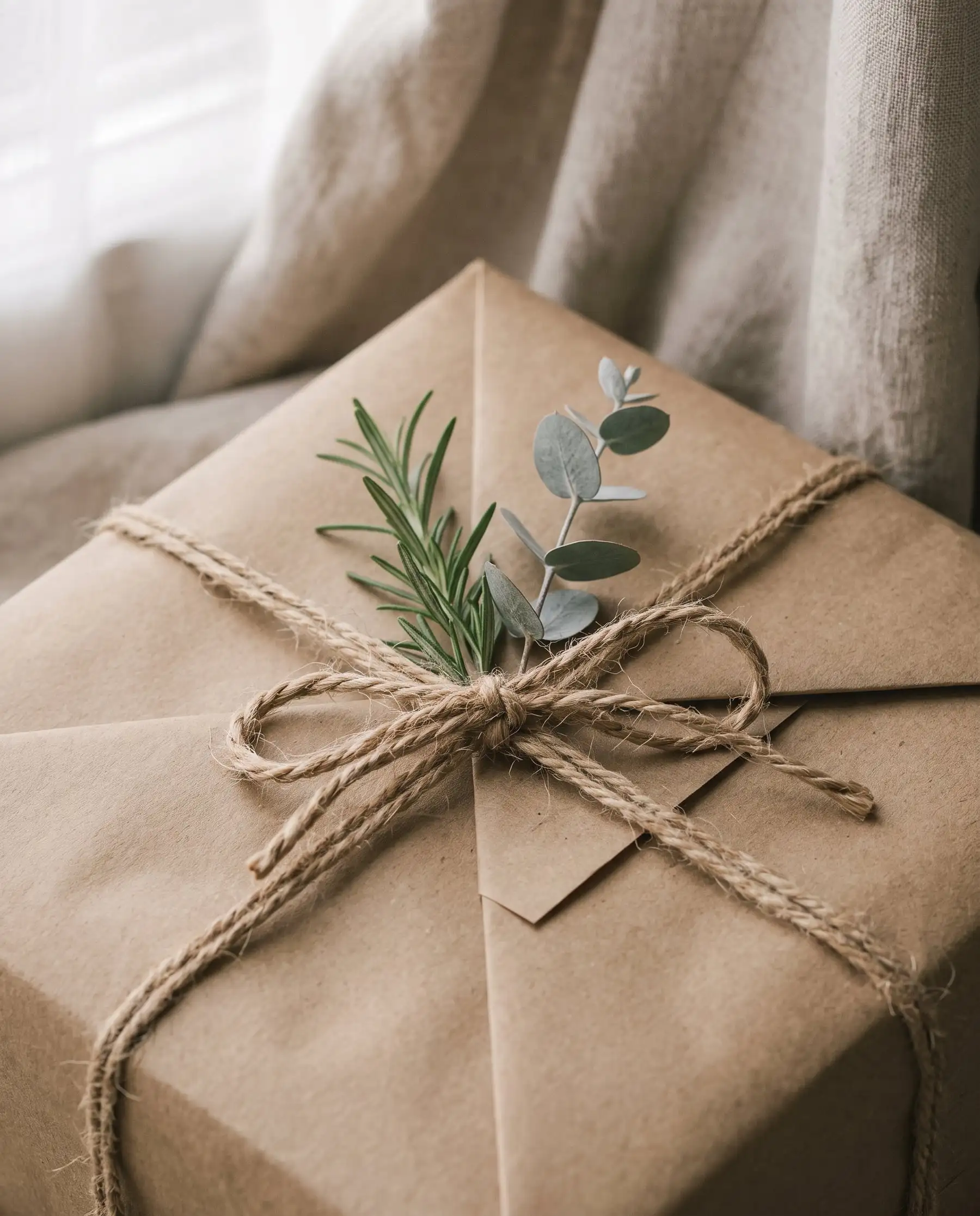 Close view of a brown paper parcel tied in a jute twine bow with rosemary and eucalyptus