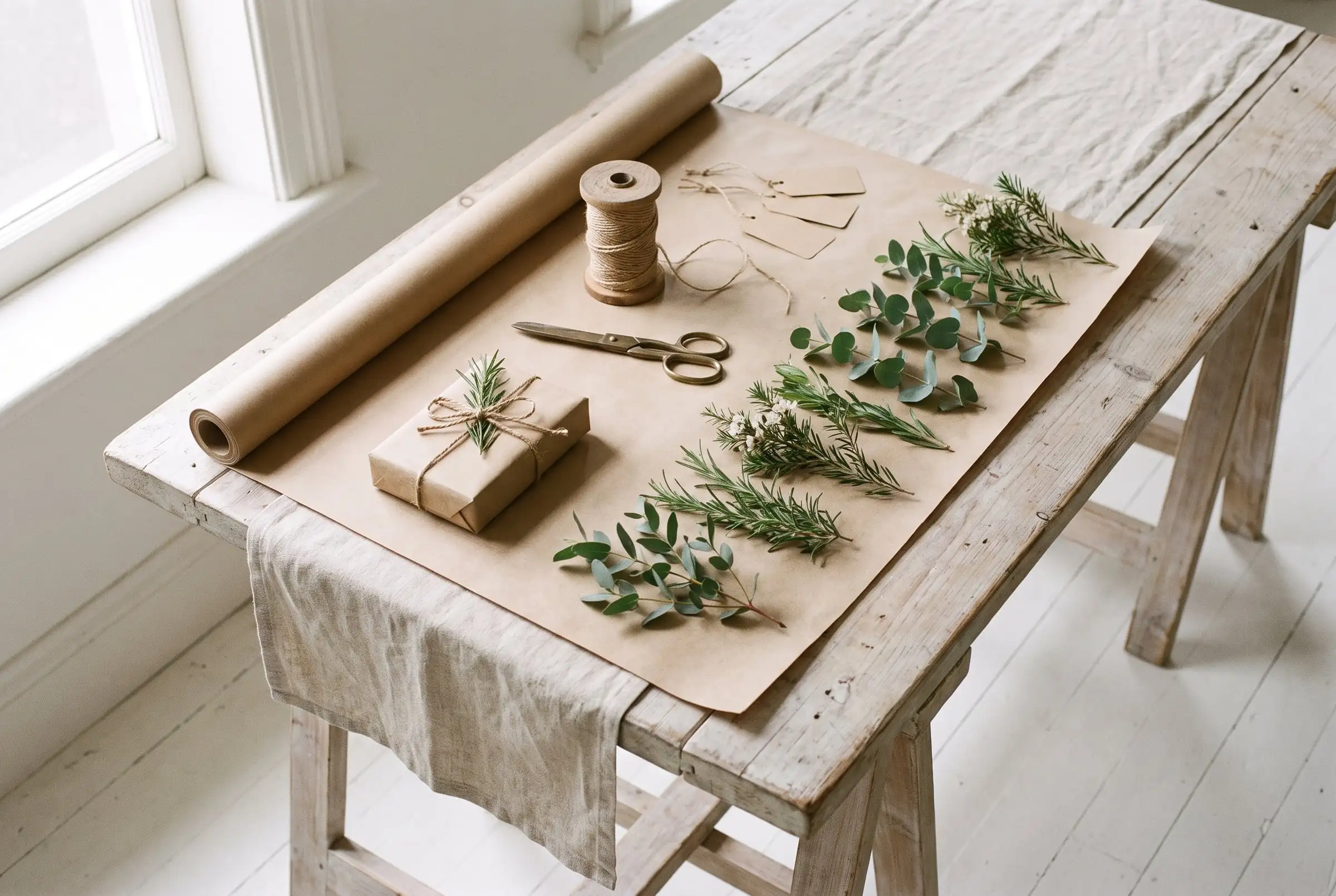 A wrapping bench with brown kraft paper, a spool of twine, brass scissors, blank tags and sprigs of eucalyptus and tea-tree
